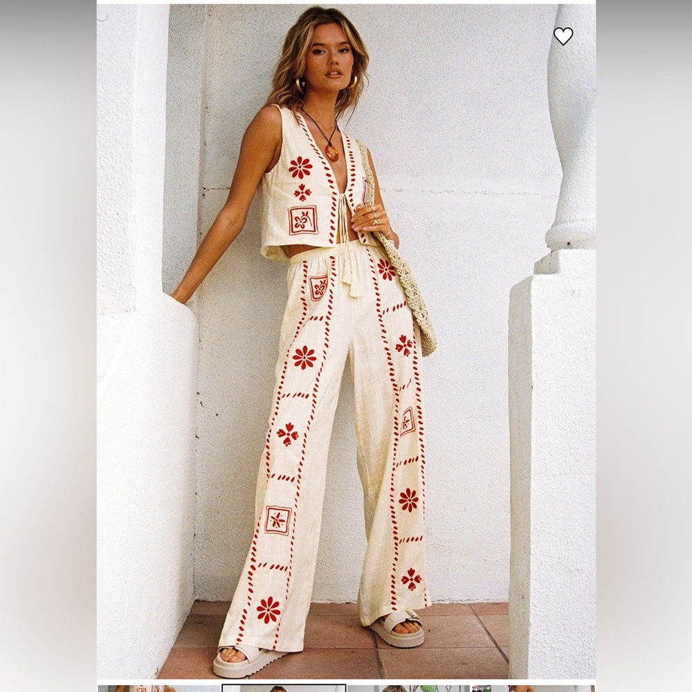 Embroidered Cream and Red Two piece